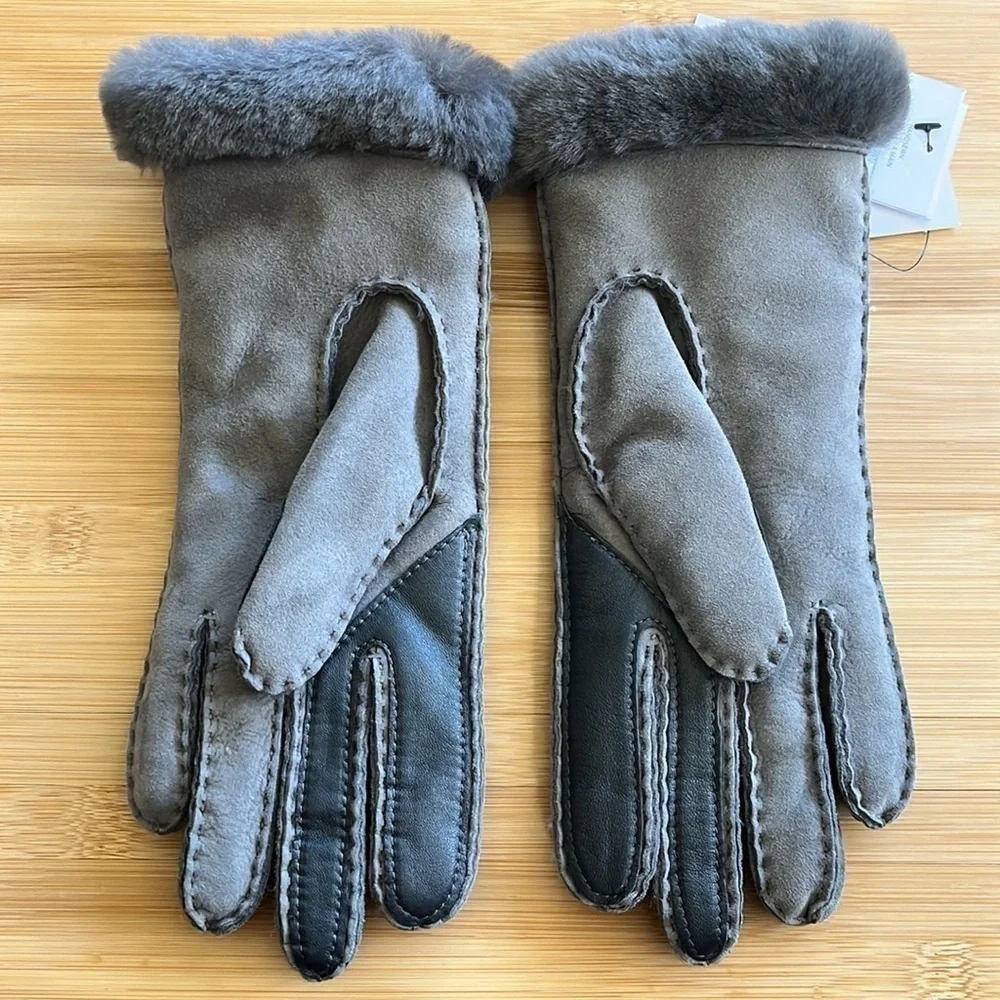 Brand New UGG Sheepskin Handsewn Seamed Gloves Gray Touchscreen Leather Trim